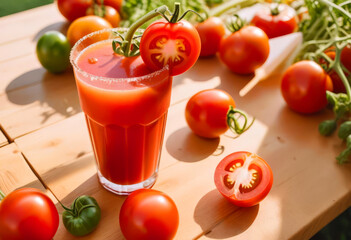 Tomato juice in clear glass goblets with sprigs of herbs