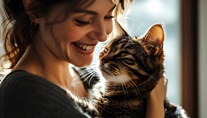 Wall Mural - Joyful bond between woman and her contented cat in a moment of shared happiness