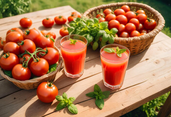 Tomato juice in clear glass goblets with sprigs of herbs