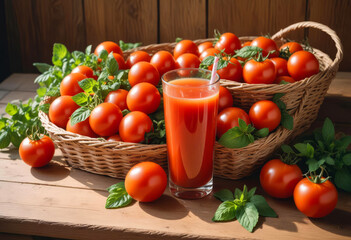 Tomato juice in clear glass goblets with sprigs of herbs