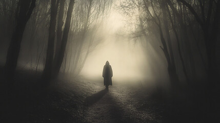Wall Mural - dark shadowy figure walking through a misty forest trail