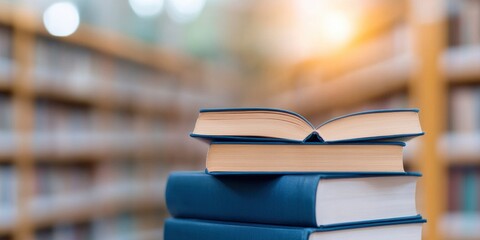 Blurred inside space of a public library. Books on unfocused bookshelves. Background of the concept of learning and education.