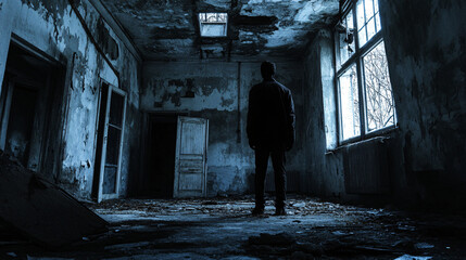 Wall Mural - creepy figure standing in the shadows of an old, abandoned building