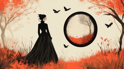 A woman in a black dress stands in a field of red grass, looking into a mystical mirror, while black birds fly around her and two trees with red leaves fawn.