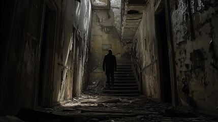 Wall Mural - creepy figure standing in the shadows of an old, abandoned building