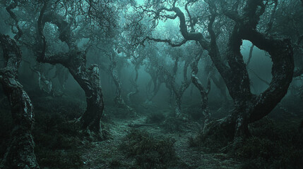 Wall Mural - haunted forest with twisted trees and eerie lighting