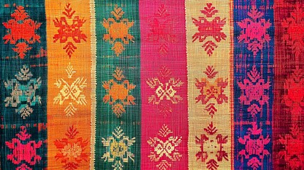 Poster - Vibrant woven fabric showcasing intricate patterns and colors, perfect for textile design and cultural representation.