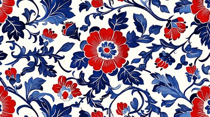 Poster - Elegant floral pattern featuring vibrant red and blue flowers intertwined with lush green leaves on a light background.