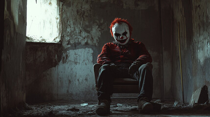 Wall Mural - creepy clown mask sitting on a chair in a dark, dusty room