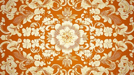 Poster - Elegant floral pattern on an orange background, perfect for textile design, wallpaper, or decorative projects.