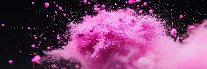 Fototapete - vibrant pink particle explosion bursts forth, scattering glowing particles across a black canvas, forming a dynamic wave of energy and light that captivates the senses.