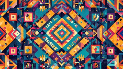Poster - Vibrant geometric pattern featuring bold colors and intricate designs, perfect for art, textile, or home decor projects.
