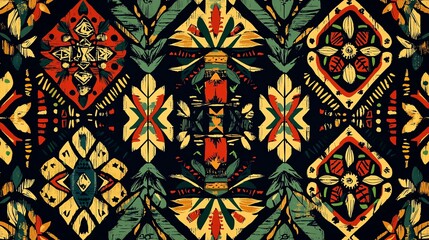 Poster - Vibrant geometric pattern featuring intricate designs in rich colors, perfect for textile, wallpaper, or decor inspiration.