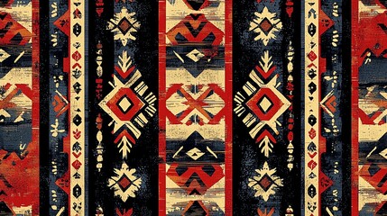 Poster - Vibrant geometric pattern in rich colors, showcasing traditional textile art with intricate designs and bold contrasts.
