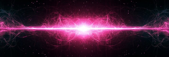Fototapete - bright pink particle explosion radiates intense energy, sending glowing particles outward in a mesmerizing wave of light across a deep black surface.