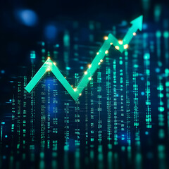 buisness finance chart . green arrow pointing up on digital blue background, financial growth and success for business, generative ai