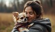 © 克 杜 - Joyful woman embracing a Chihuahua in a sunlit outdoor setting