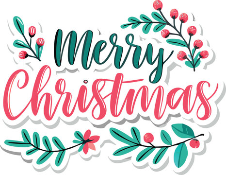 Hand Drawn Vintage Christmas postcard with lettering Merry Christmas