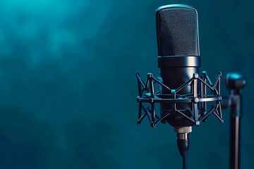 Wall Mural - Professional condenser microphone on a blue background with copy space for text.