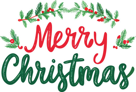 Hand Drawn Vintage Christmas postcard with lettering Merry Christmas