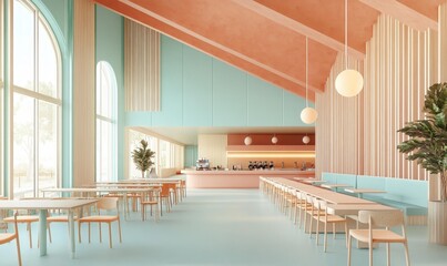 Wall Mural - Minimalist cafe with light wood and pastel colors.