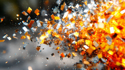 Poster - Colorful explosion of shimmering particles in a dynamic burst captured during a bright afternoon