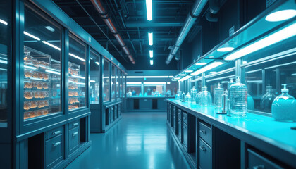 Wall Mural - modern biotechnology laboratory interior design: blue neon light, cleanliness, futuristic style.