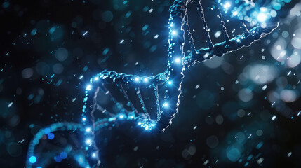 Aufkleber - stunning representation of DNA double helix illuminated with glowing blue lights, surrounded by misty atmosphere. This image captures essence of genetic science and innovation
