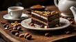 © Nardo leo - Delicious Slice of Chocolate and Vanilla Cake with Nuts and Cappuccino in a Cozy Café Setting – Perfect for Coffee Breaks