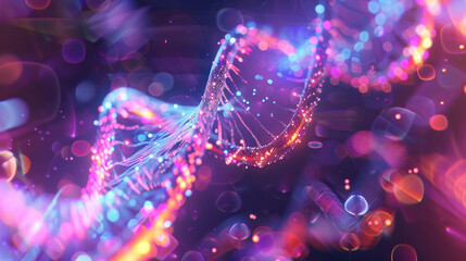 Aufkleber - vibrant and colorful representation of DNA double helix, showcasing intricate details and glowing particles that evoke sense of wonder and scientific exploration
