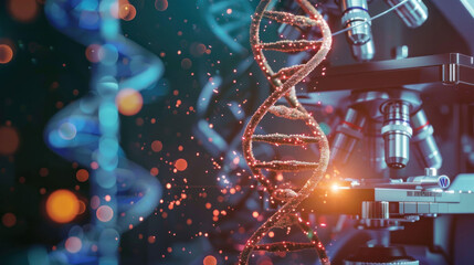 Aufkleber - image showcases close up view of DNA double helix structure, illuminated with vibrant colors, alongside microscope, symbolizing advanced genetic research and discovery