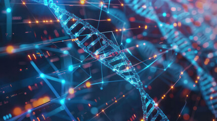Aufkleber - vibrant digital representation of DNA strands intertwined with glowing data points, symbolizing intersection of biology and technology. This image evokes sense of innovation and discovery in genetic