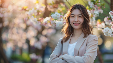 young woman stands confidently among blooming cherry blossoms, radiating joy and warmth. soft sunlight enhances serene atmosphere, creating beautiful spring scene