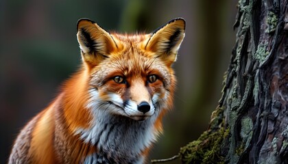 Wall Mural - Red fox perched on a tree, blending with the forest surroundings in a captivating close-up shot