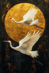 Traditional Japanese Art of Two White Cranes Flying with Gold Foil Background, Delicate Brushstrokes Generative AI