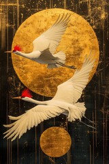 Traditional Japanese Art of Two White Cranes Flying with Gold Foil Background, Delicate Brushstrokes Generative AI