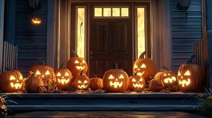 Wall Mural - Halloween pumpkins with carved faces on a front porch at night, illuminated by candles