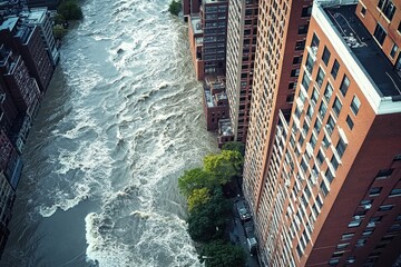 Flooded Urban Landscape: Aerial View of Apartments by Overflowing Water in a Residential Area