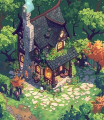 Sticker - Fantasy Cottage In The Woods Illustration