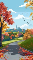 Sticker - Autumn Road with Falling Leaves and Church in the Background