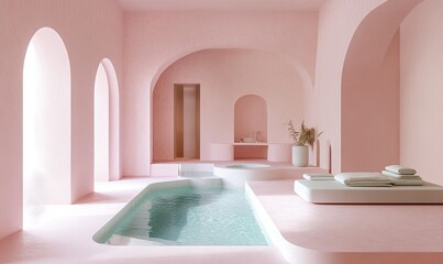 Poster - Pink room with pool, arches, and a chaise lounge.