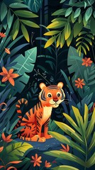 Poster - Cute Tiger Sitting In Jungle Illustration