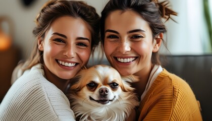 Wall Mural - Joyful moments between a woman and her smiling chihuahua in a cozy home setting