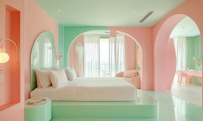 Wall Mural - Modern bedroom with pink and green walls.