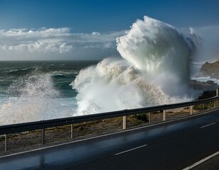 A massive wave crashes towards a coastal road, creating a dramatic and powerful scene of nature's force.