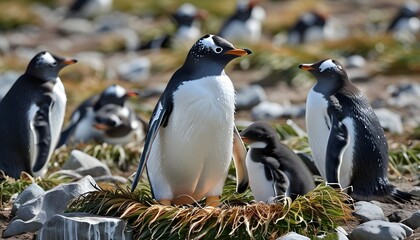 Wall Mural - Gentoo penguin chicks exploring their natural habitat in the Falkland Islands