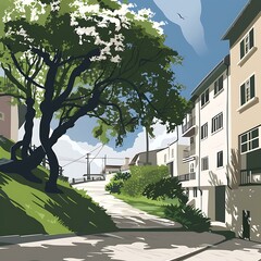 Illustration of a Residential Street in a Town