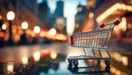 A miniature shopping cart sits on a reflective surface with a blurred city background of lights.