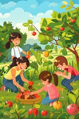 Poster - Happy Children Picking Apples in Orchard