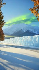 Wall Mural - Frozen Wall and Snow Covered Mountains Under a Green Aurora Borealis